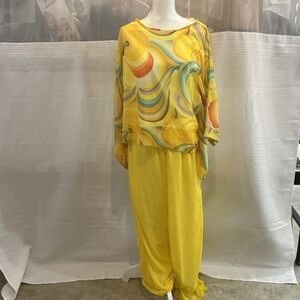 Womens 2 Pc Palazzo Pant Set M Yellow Retro Psychedelic Swirl Resort Wear